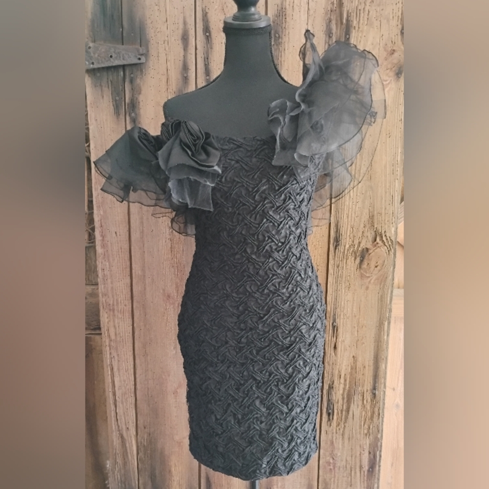 Vintage Black Cocktail Dress Mini Sz  Bodycon Chiffon Ruffled Off Shoulder